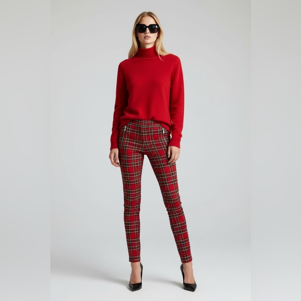 Zara Red Plaid Zipped Leggings Size Medium LP Skinny Trousers Tartan Pants